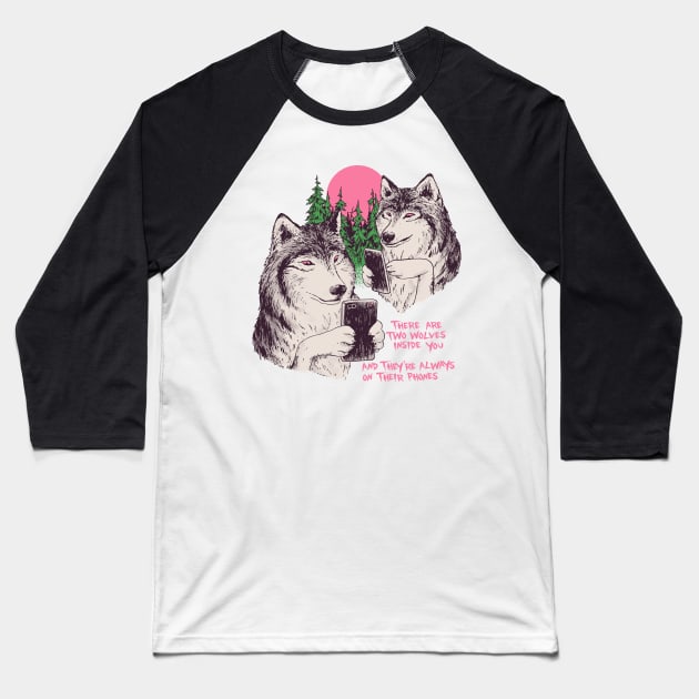 Two Wolves On Their Phones Baseball T-Shirt by Hillary White Rabbit